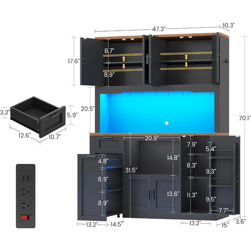 71 Pantry Cabinet with Charging Station and LED Light, Kitchen Pantry Cabinet with Microwave Stand, 47.2 Wide Kitchen
