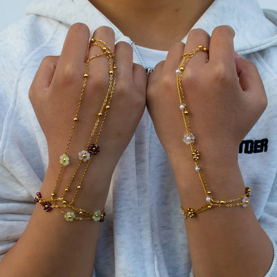 Stainless Steel Colorful Crystal Beads Flower Hand Chain Bracelet for Women Summer Dopamine Finger Ring Link Beach | SAMAG