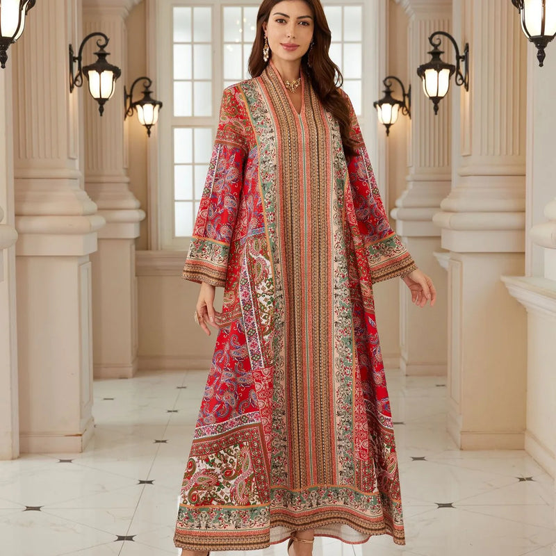 Eid Ramadan Abaya Women Paisley Print Rhinestone Kaftan | SAMAG