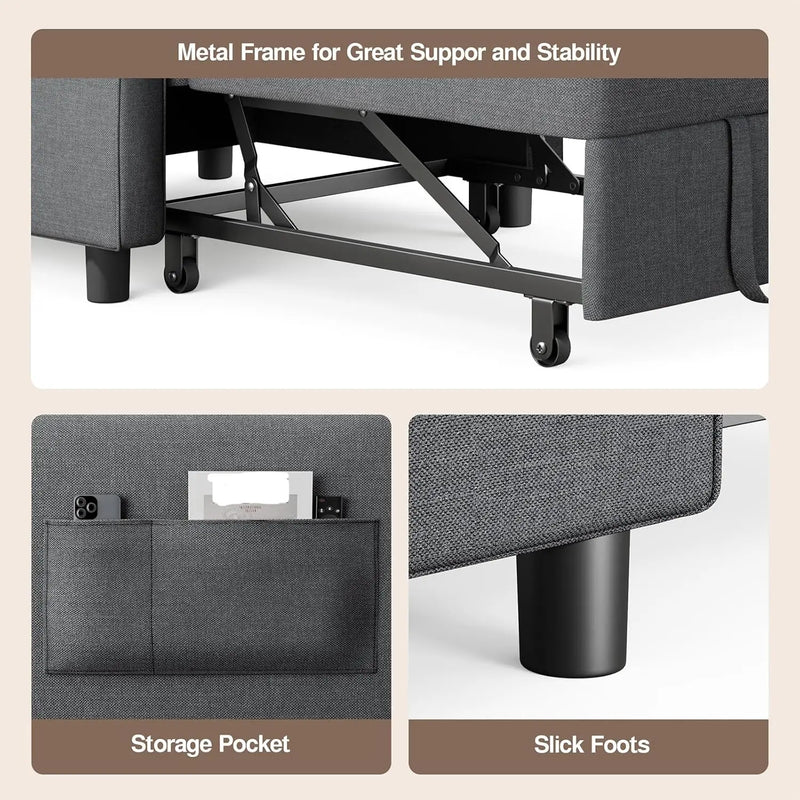 Convertible Sleeper Sofa Bed 3-in-1 Adjustable Linen Fabric Small Space Grey Customized
