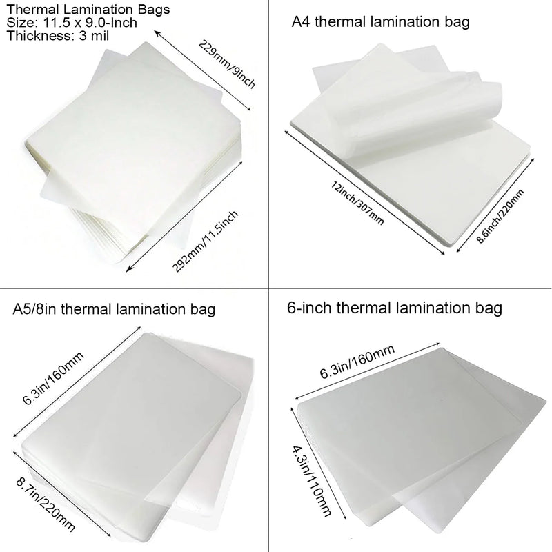 Multi-Size Thermal Laminating Bags: A4/A5/Letter Size Clear Glossy Sheets, Rounded Corners Heat Seal for Office School Home Holi
