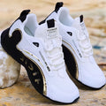 Trendy Black and Gold Color-Blocking Mesh Casual Shoes, Men's Breathable Shock-Absorbing Thick-Soled Sneakers, Versatile Soft-Soled Non-Slip Men's Shoes for Daily Commuting