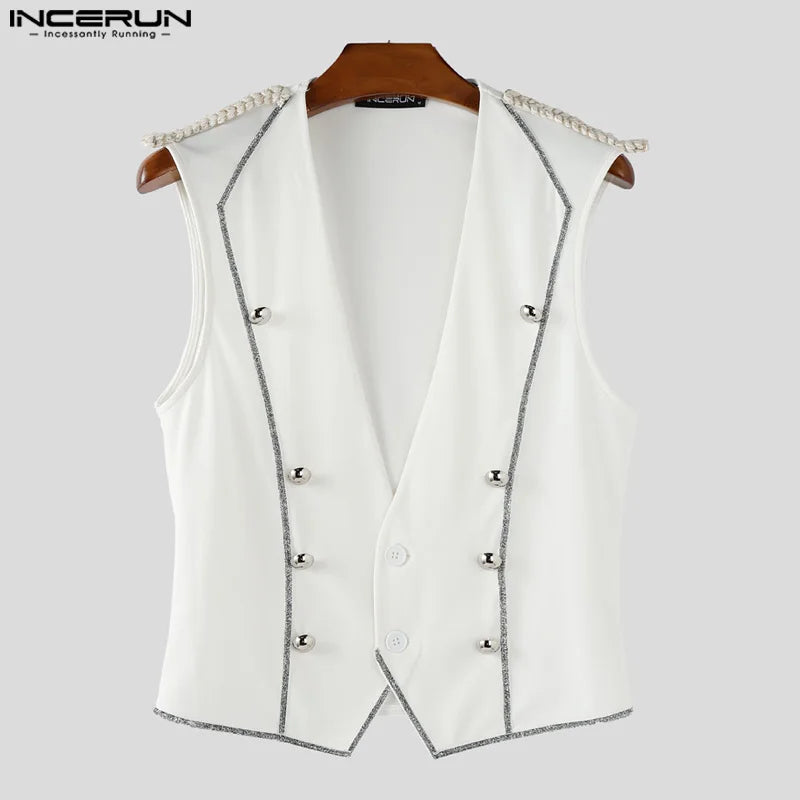 INCERUN Men Vests Patchwork Shiny V Neck Sleeveless Button Casual Male Waistcoats Streetwear 2025 Fashion Leisure Vests S-5XL