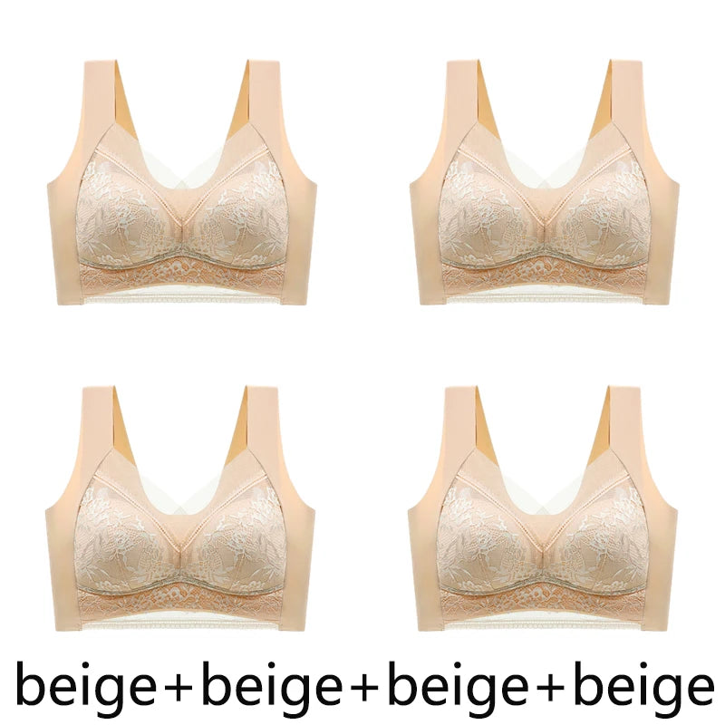 FallSweet 4PCS Plus Size Ice Silk Bra for Women Seamless Push Up Bralette Wireless Lace Brassiere Summer Underwear Lingerie Tops