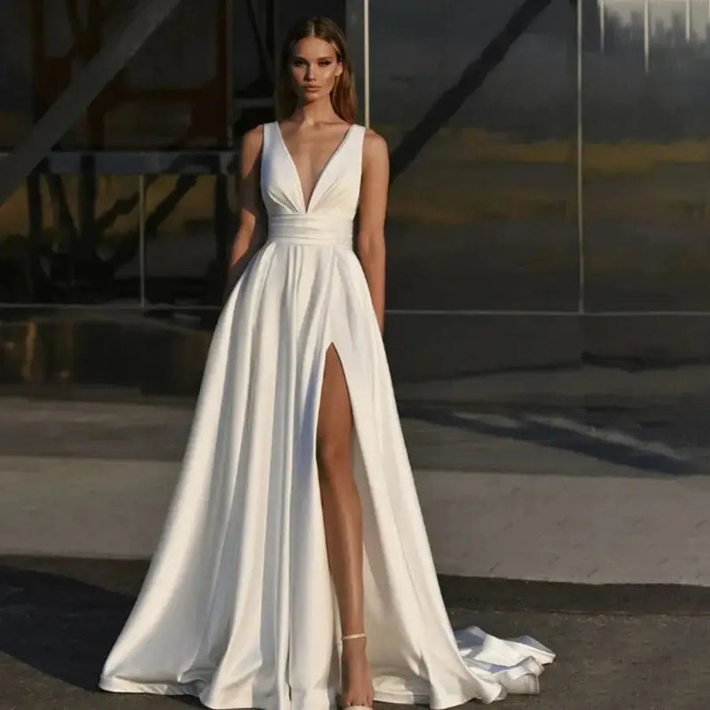 Customized Simple A - Line Wedding Dress Satin Side Slit - View 4 | SAMAG