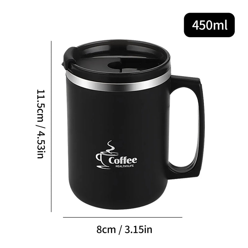 450ML Thermos Mug 304 Stainless Steel Double Wall Insulated Milk Coffee Cup With Handle & Lid Leak-proof Drinking Cup Drinkware