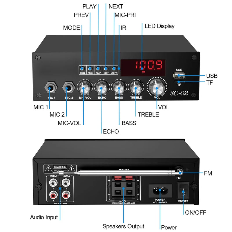 Woopker Audio Amplifier 2*100W HiFi Digital Stereo TPA3116 Bluetooth 5.3 Multifunction Dual Channel Power Amplifier Home Theater