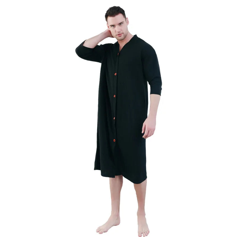 New Button Men's Pajamas Thin Fattened Plus Size Pajamas Bathrobes One-piece Pajamas Men's Loungewear Robe Kimono Bath Robe Men