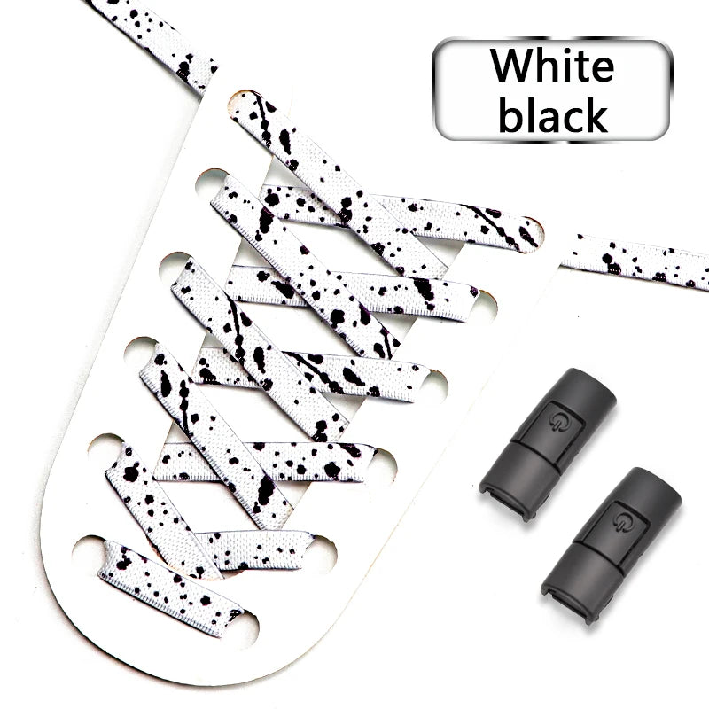 No Tie Shoelaces for Sneakers Colorful Press Metal Lock Shoelace Splashing Ink Print Flat Elastic Laces Without Ties Shoe Laces