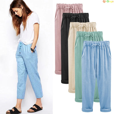 Cotton Linen Pants, Elastic Mid Waist Ankle Length Casual | SAMAG
