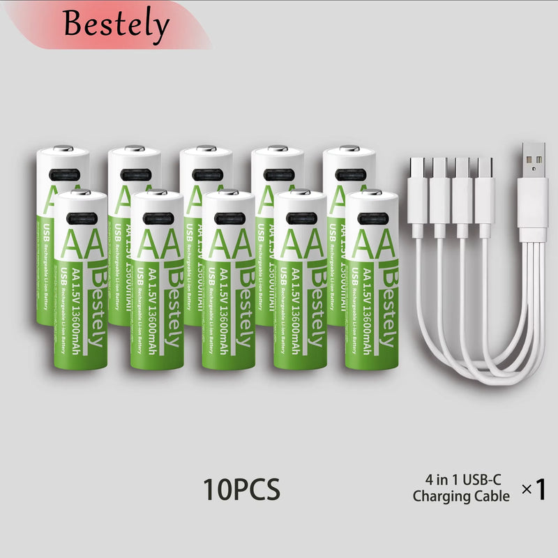 Bestely 1.5V 13600mAh USB AA Lithium Ion Rechargeable Battery, Fast Charging Li-ion Akku, 2000 Cycle with USB-C Port Cables