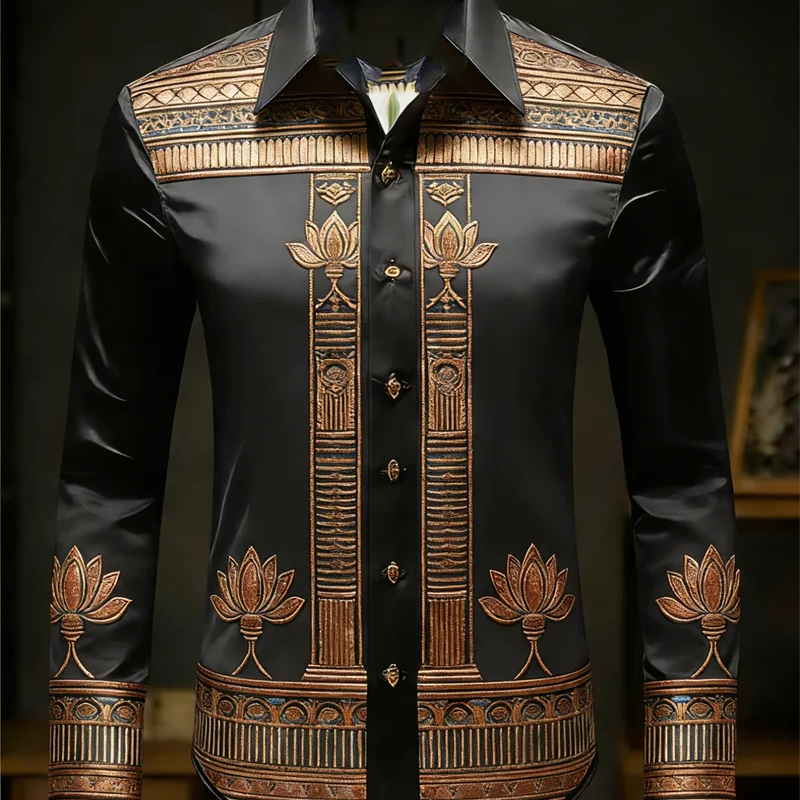 New men's long sleeved shirt with gold lotus 3D printed | SAMAG
