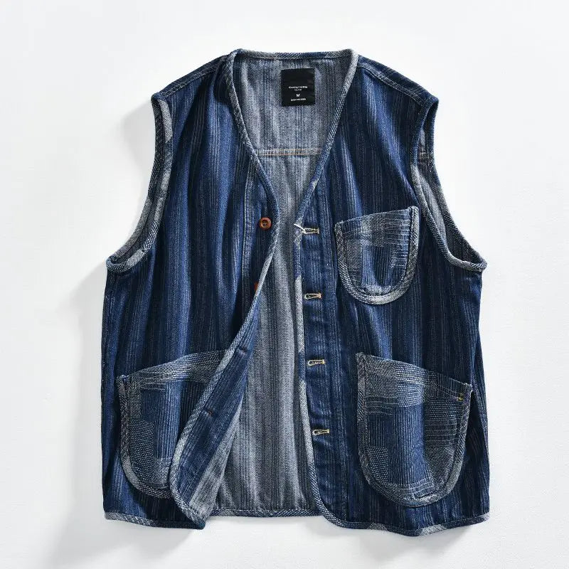 Spring Autumn Jacquard Cowboy Vest V-neck Single breasted Men Vests Jacket Japanese Casual Fashion Loose Sleeveless Denim Coat