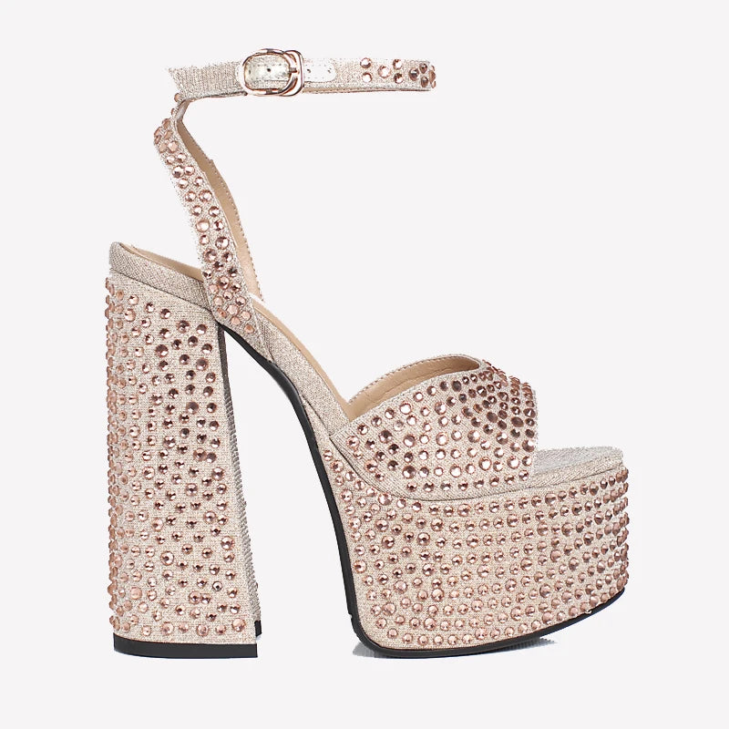 Arden Furtado Women's Summer Sandals Round Toe Waterproof Platform Super High Heel Crystal Embellished Dinner Word-Cingulate Lar