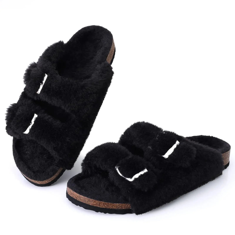 Evshine Winter Fur Clogs Slippers For Women Men Cork Footbed Plush Lined Mules Fuzzy Suede Potato Shoes Warm Furry House Clogs