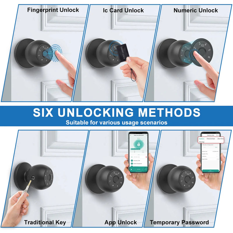 YFK Tuya Smart Door Knob 6 Ways Unlock Fingerprint Password NFC Card Physical Key Anti-peep Lock for Bedroom Office Rental House