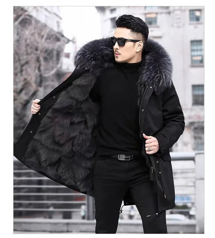 Fur Coat Detachable Hooded Keep Warm Jacket Parka Men Whole Mink Liner Winter New Fur Coat Mink-like Wool Mid-Length Leather