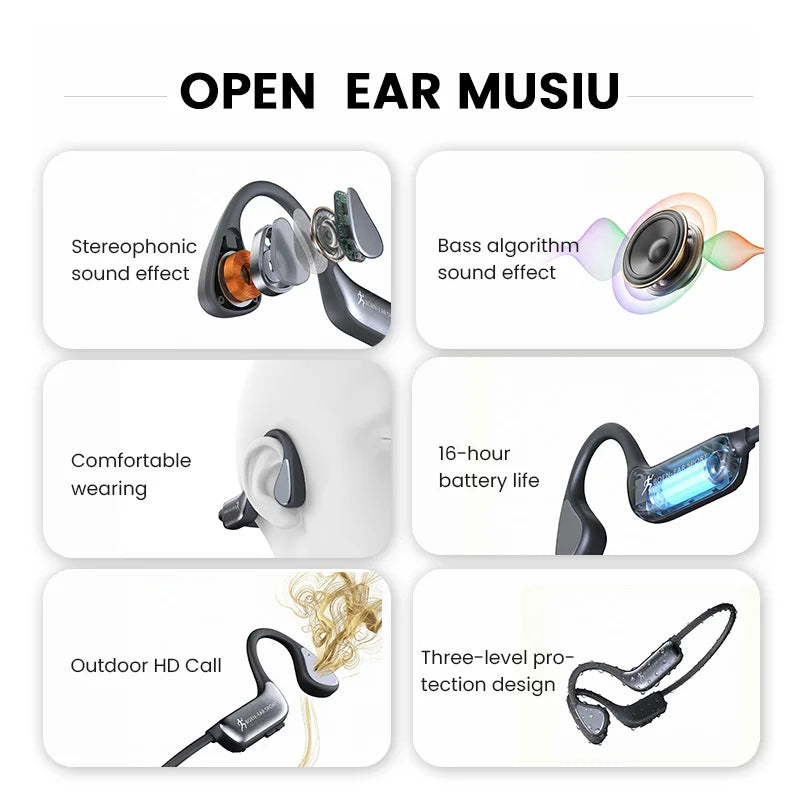 Bone Conduction Wireless Bluetooth Headphones Bluetooth 6.0 Sport Earphones Water And Sweat Proof Headset HD Call  Bluetooth Headphones With Mic
