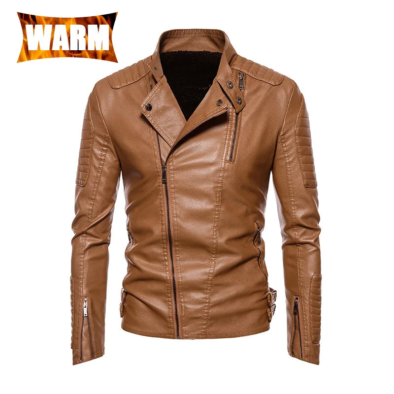 Men's Leather Jackets Casual Fashion Motorcycle Coat O-Neck PU Jacket Autumn Anti-wind Leather Coat Slim Fit Faux Leather Jacket
