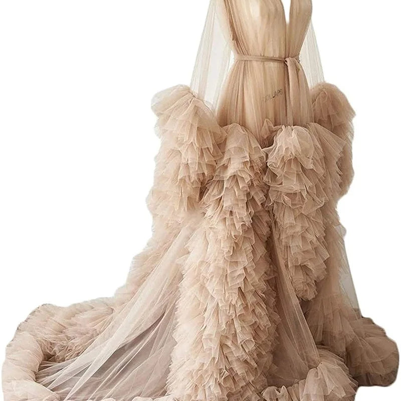Women's Dressing Gown Perspective Sheer Long Tulle Robe Puffy Pregnancy Maternity Dress for Baby Shower Nightgown Sleepwear