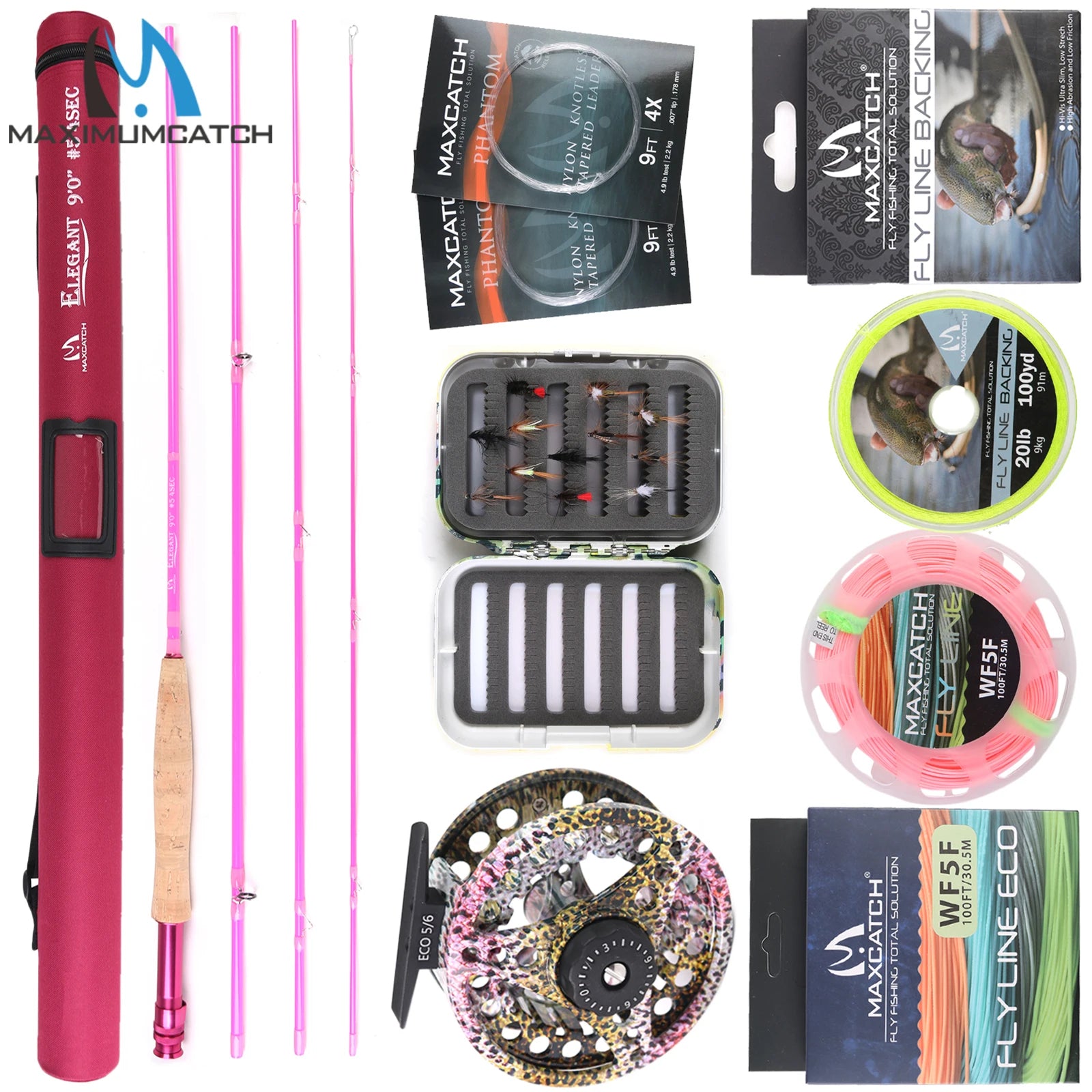 Maxcatch Elegant Fly Fishing Rod Combo 6'6"/9' 2/5WT Fly Rod Reel Line Flies Lures Kit Storage Box Travel Fishing Set Trout Bass