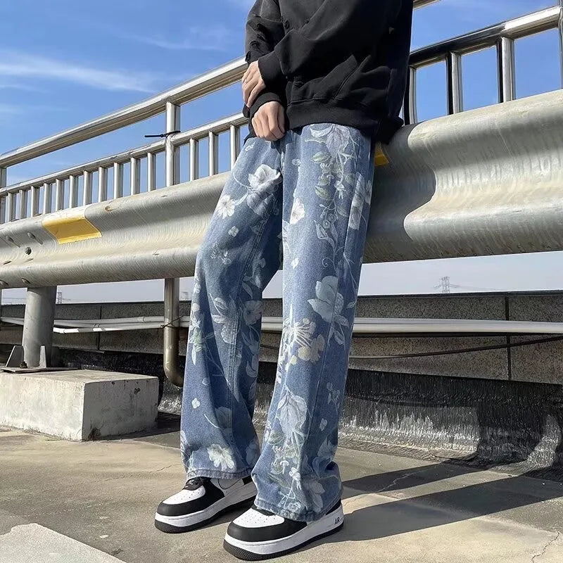 Spring Printed Jeans Korean Style Men's Floral Denim | SAMAG