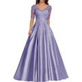 A Line Women Evening Dresses Satin Appliques V Neck Prom | SAMAG