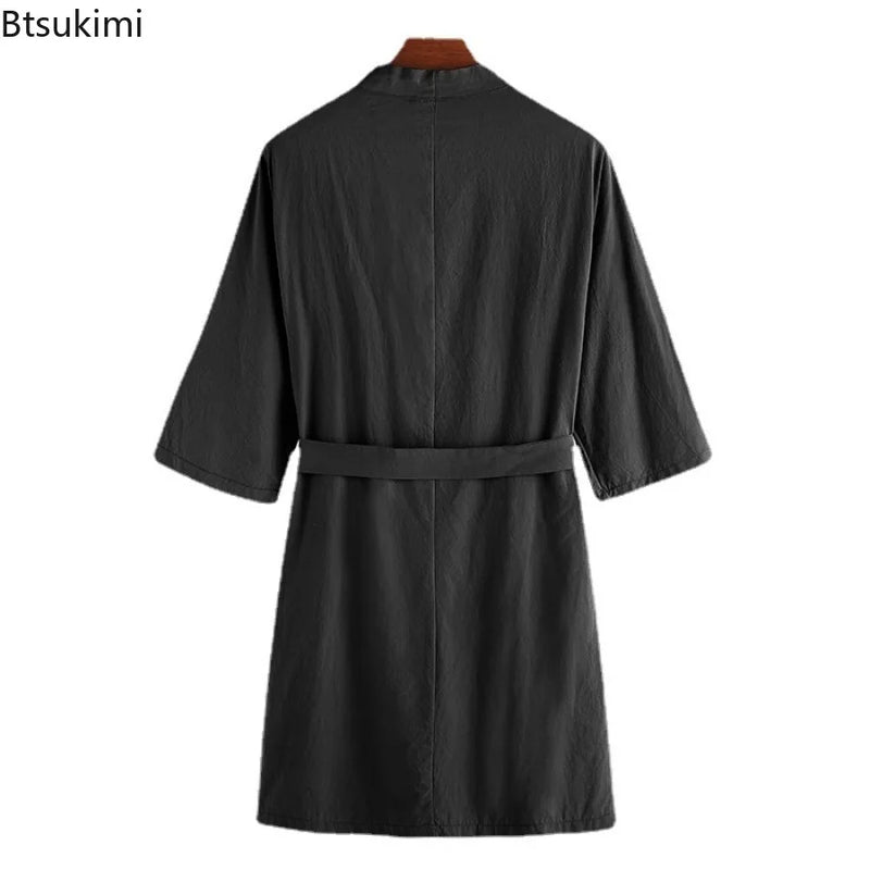 2026 Spring Autumn Men's Nightgown Cotton and Linen Robes Kimono Medium and Long Nightgown Homewear Bath Steamed Clothes Male