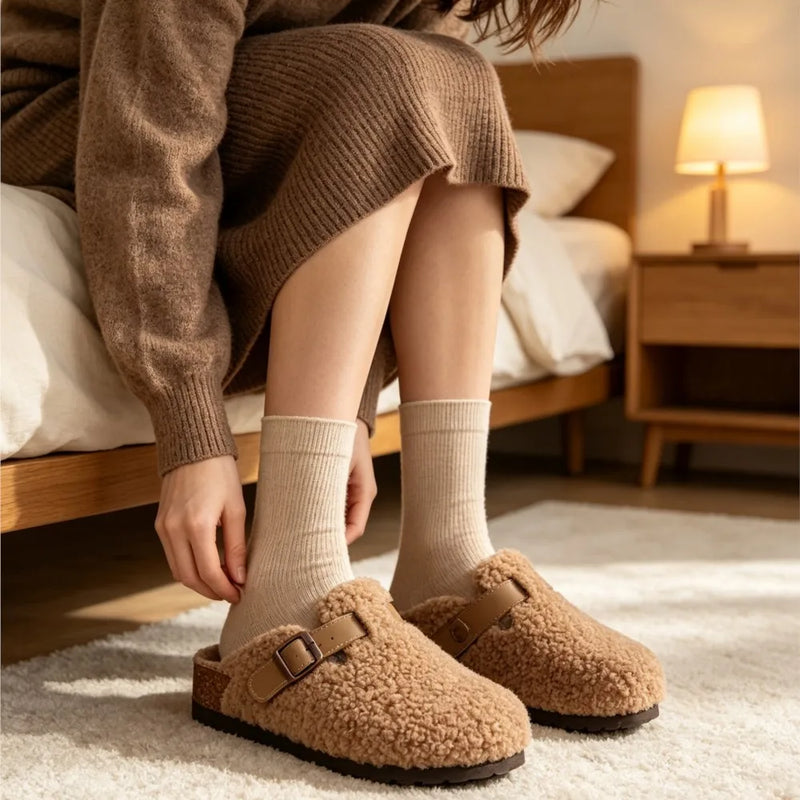 Kidmi Women's Cork Insole Clogs Winter Warm Lined Non-slip Mules Slipper With Adjustable Buckle Lady Cozy Bedroom Potato Shoes