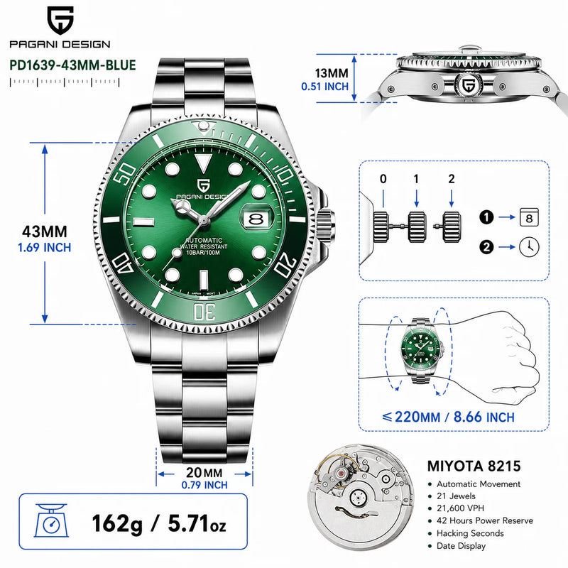 PAGANI DESIGN Men Watches Automatic Watch Mechanical Sapphire Glass Stainless Steel Luminous Date Luxury - Visuel 14 | SAMAG