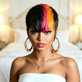 Human Hair Short Pixie Cut Wig, Brown And Pink Orange Streaks, Full Machine Made, Easy Wear For Women, Perfect For Family Party