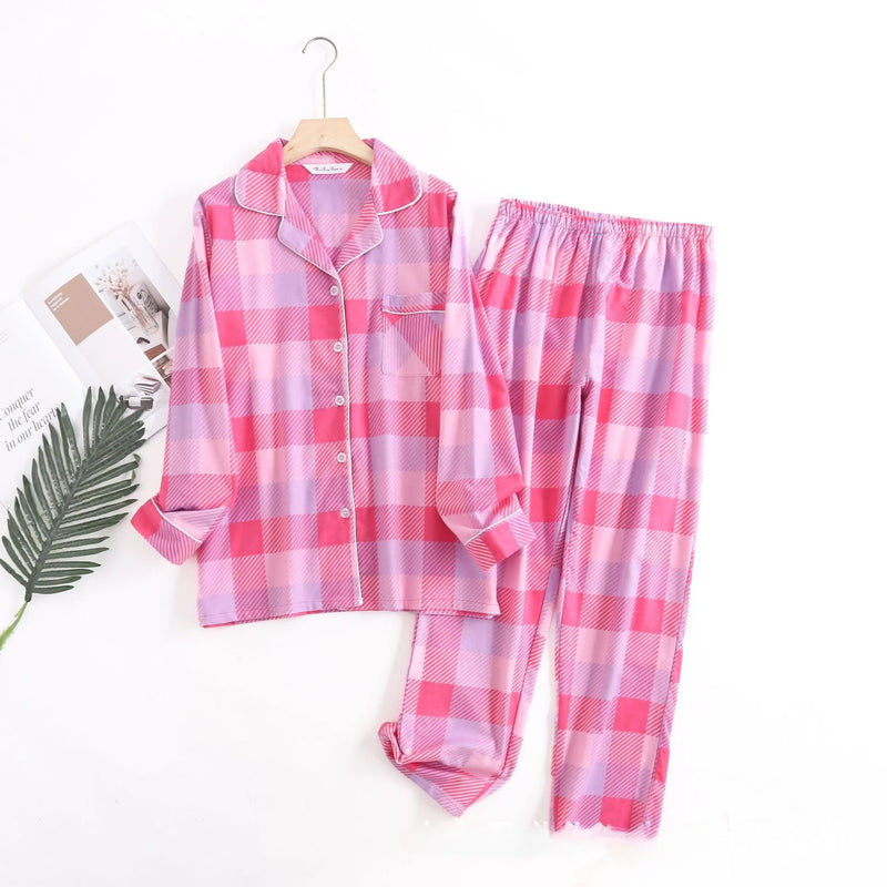 Cotton Flannel Women's Long Pants Pajamas Sets for Sleepwear Plaid Design Loose Autumn and Winter Long Sleeve Trouser Suits