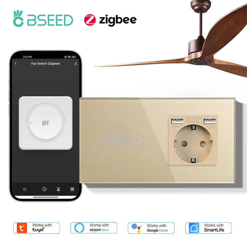 BSEED Zigbee Fans Switches Smart Wall Touch  Speed Control Switch With EU Socket Support Tuya Smart Life Alexa Voice Control