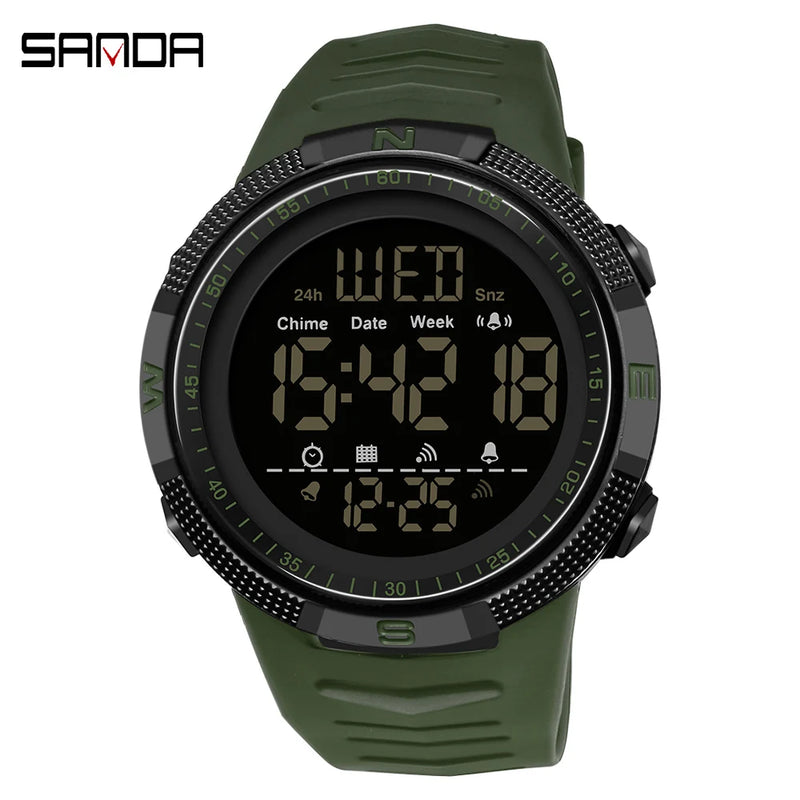 SANDA Fashion Men's LCD Digital Casual Date and Week Alarm Waterproof Sport Silicone Strap Military Electronic Watch
