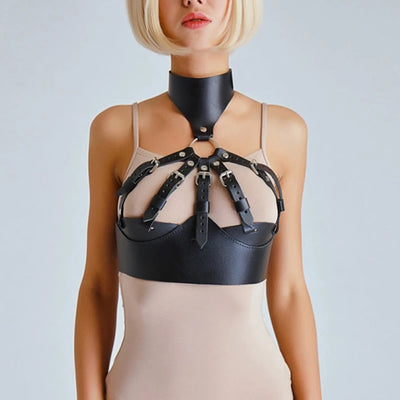Women’s Black Leather Harness Bra - Adjustable Straps | SAMAG