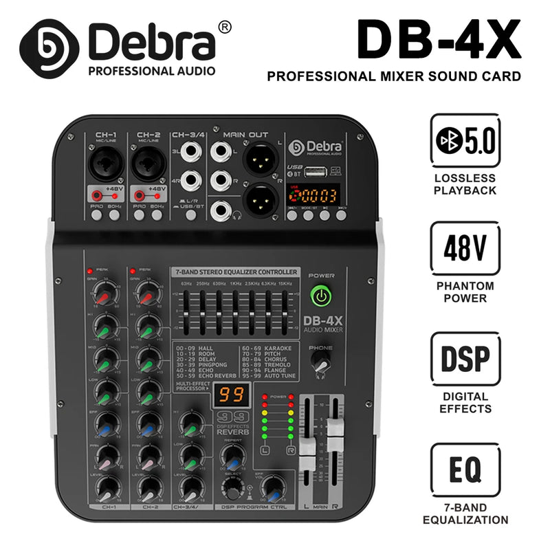 Debra DB-4X 4-Channel Professional Mixer And Sound Card, Bluetooth 5.0, +48V, Multifunctional Input Support, For PC Recording