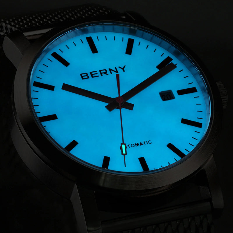 BERNY Automatic Men's Watch Top Brand Luminous 316L Stainless Steel Self-Wind Sapphire Wristwatch Mesh Belt Mechanical Men Watch