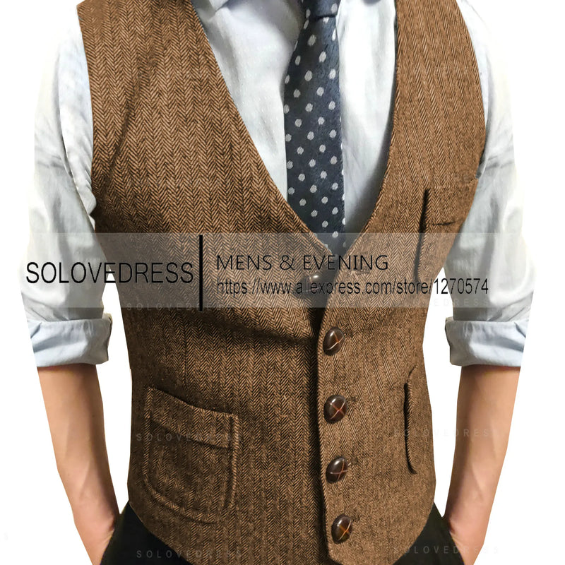 Men's Suit Vest V Neck Notched Lapel Slim Fit Leisure Wool Herringbone Tweed Vest Men for Wedding Groomsmen Mens Waistcoat Vest