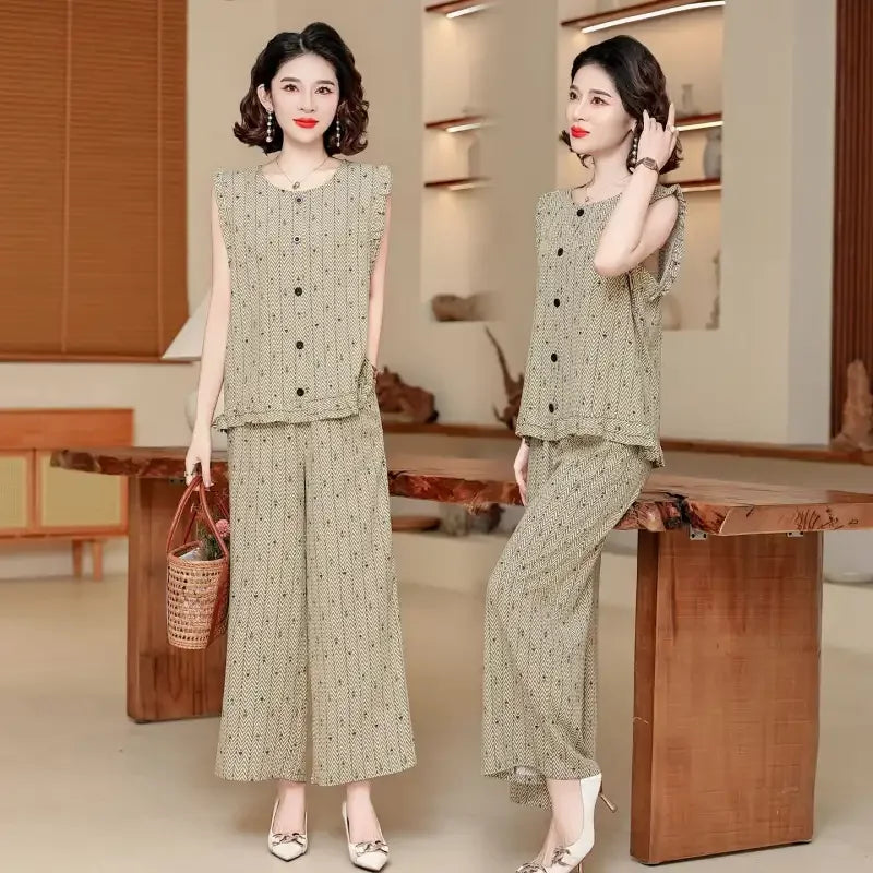 Women 2 Piece Outfit Sleeveless Printed Top And Wide Leg Pants Summer Casual Mom Wear For Middle Aged