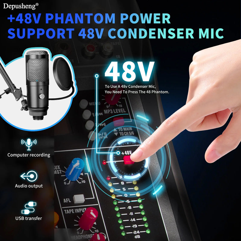 DEPUSHENG DX12 Professional Audio Mixer 12 Channel Studio Audio Console USB MP3 Input 48v Phantom Power DJ Console