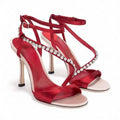 Rich Red Satin Fabric Rhinestone Detailed Wrap Design Straps Adjustable Ankle Buckle Strap Sharp Stiletto High Heel Womens Sling