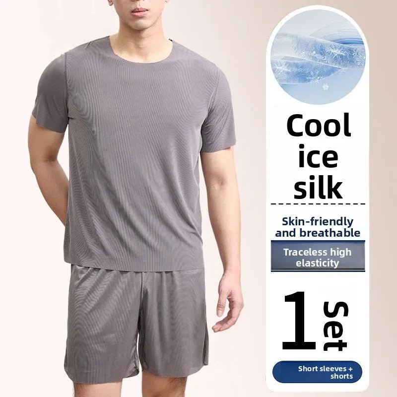 Ice Silk Sleepwear Set round Neck Short Sleeve Casual Lightweight Men's Home Clothes Comfortable Underwear for Youth in Summer
