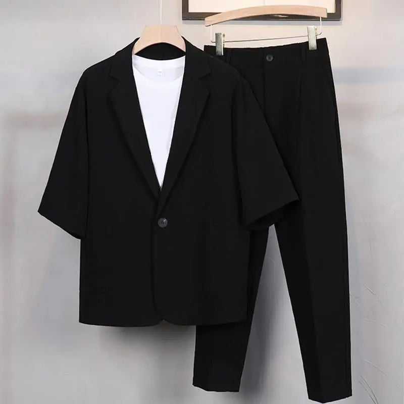 Korean Style Plus Size Men's 3 Piece Suit Set Short Sleeve Blazer Summer Lightweight Comfortable