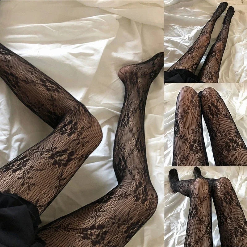 Sexy Women's Long Fishnet Stockings Pantyhose Floral Vintage Flower Vines Hollowed-out Lace Lolita Sheer Mesh Tights Lingerie