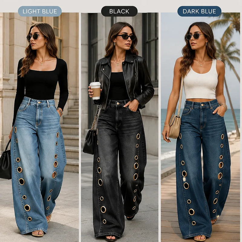 Women High Waist Wide Leg Jeans, Side Cutout Eyelet Rivet Denim Pants Loose Fit Hollow Out Flared Trousers Streetwear Fashion Baggy Jeans with Pockets