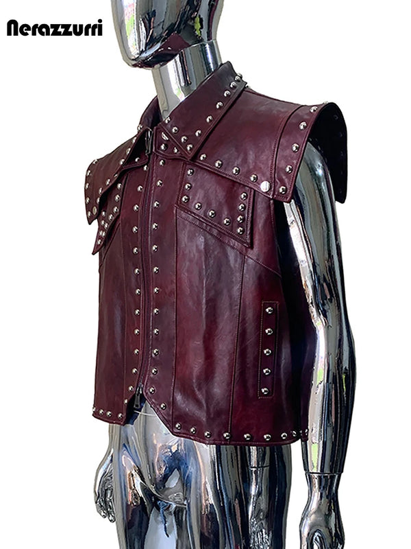 Nerazzurri Summer Autumn Short Distressed Vintage Studded Pu Leather Sleeveless Jacket Men Punk Style Menswear  Clothes Vest