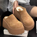 Women's Suede Platform Mules Round Toe Thick Chunky Sole Cotton Lined Warm Clogs Backless Slides Casual Height Increasing Shoes