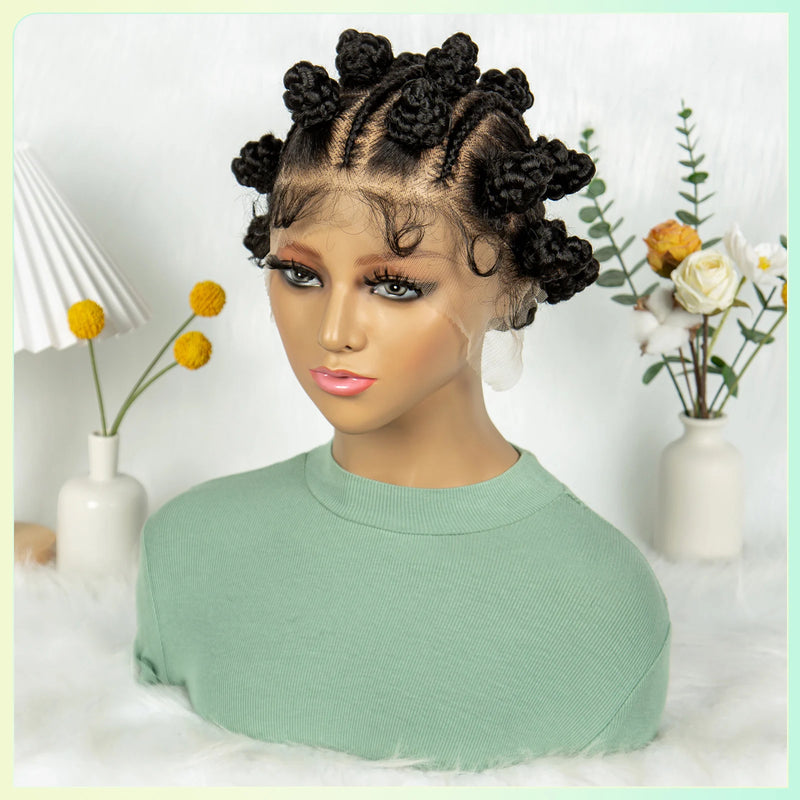 Synthetic Full Lace Braided Wigs Short Cute Handmade Bantu Braided Wigs with Baby Hair for Black Women Lace Frontal Braids Wigs
