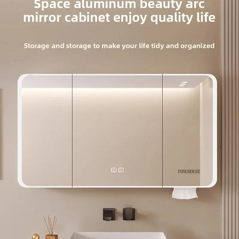 Minimalist Modern Arc-shaped Smart Bathroom Mirror Cabinets Home Furniture Wall-mounted Bathroom Mirror Cabinet with Lighting b