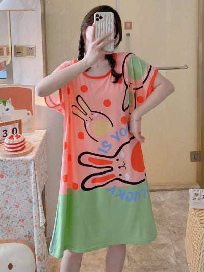 Cartoon Pink Green Rabit Print Lounge Dresses, Comfy Cute | SAMAG